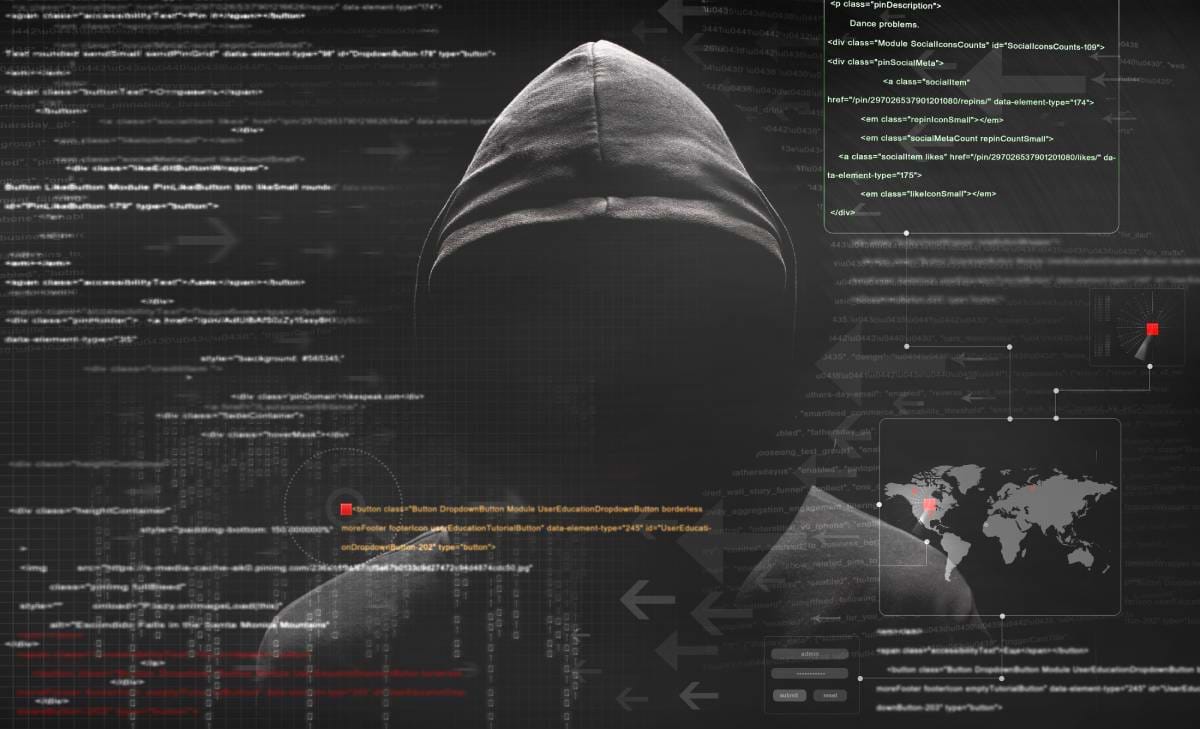 A hooded figure with computer code behind him depicting a hacker